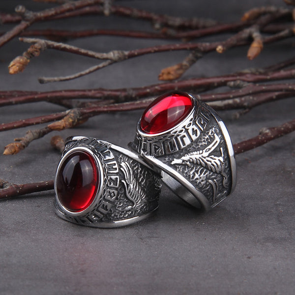 Stainless Steel Red Stone Ring Viking raven and wolf ring