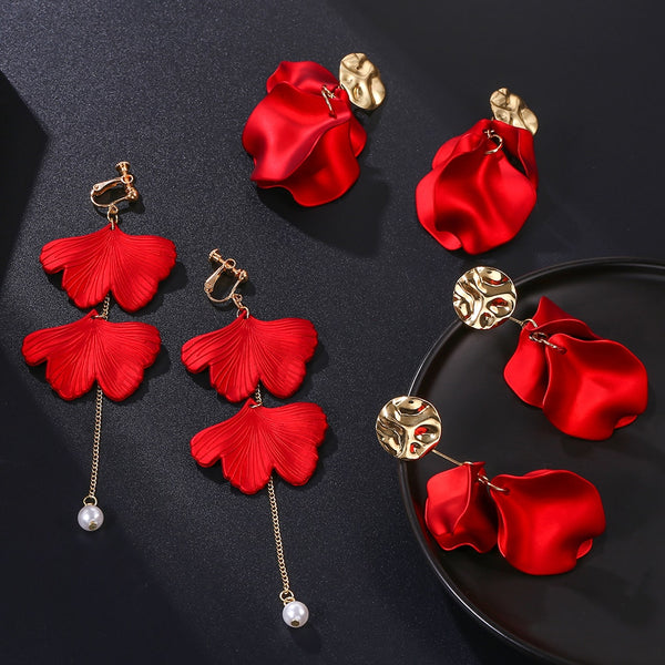 Fashion Statement Red Flower Petal Clip on Earrings for Women