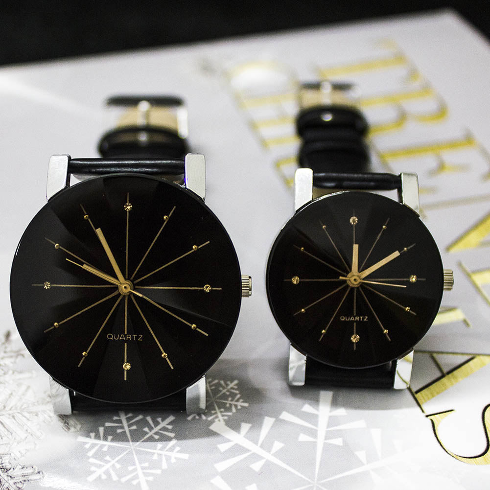 PU Leather Watchband Round Dial Couples Watch