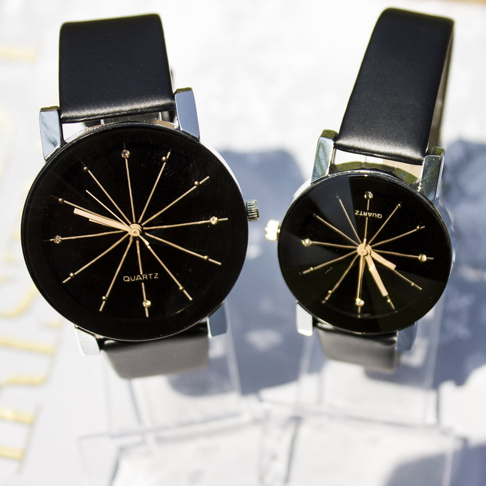 PU Leather Watchband Round Dial Couples Watch
