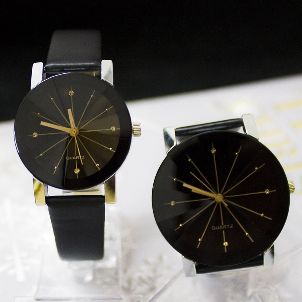 PU Leather Watchband Round Dial Couples Watch