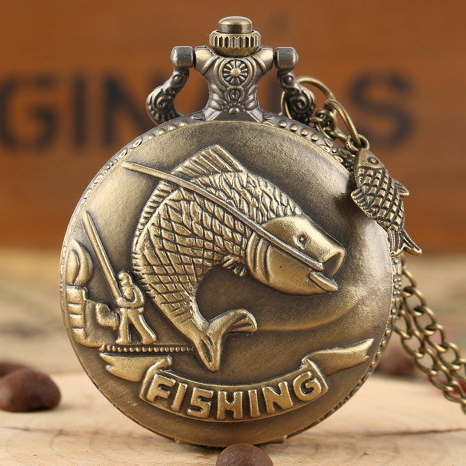 Vivid Fishing Carving Design Quartz Pocket Watch