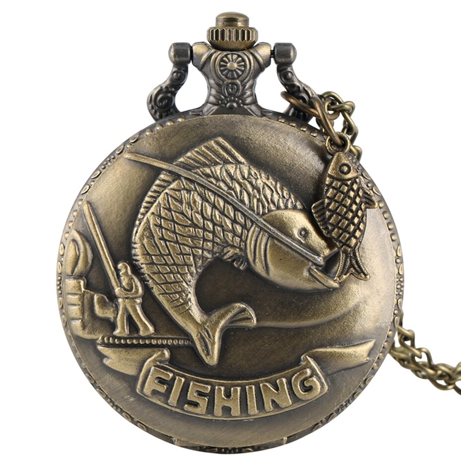 Vivid Fishing Carving Design Quartz Pocket Watch