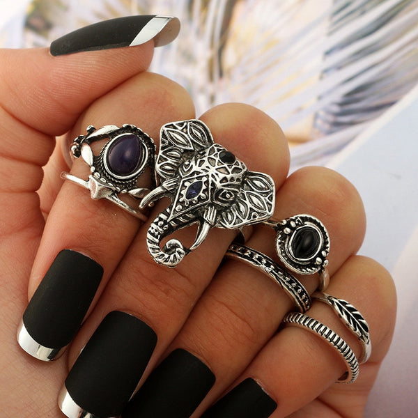 Juego de 7 anillos de elefante con ópalo azul y negro estilo punk vintage