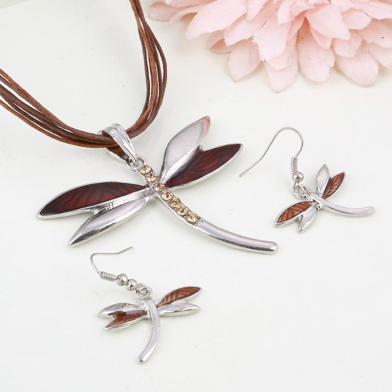Enamel Dragonfly Pendant Necklace Earrings Sets