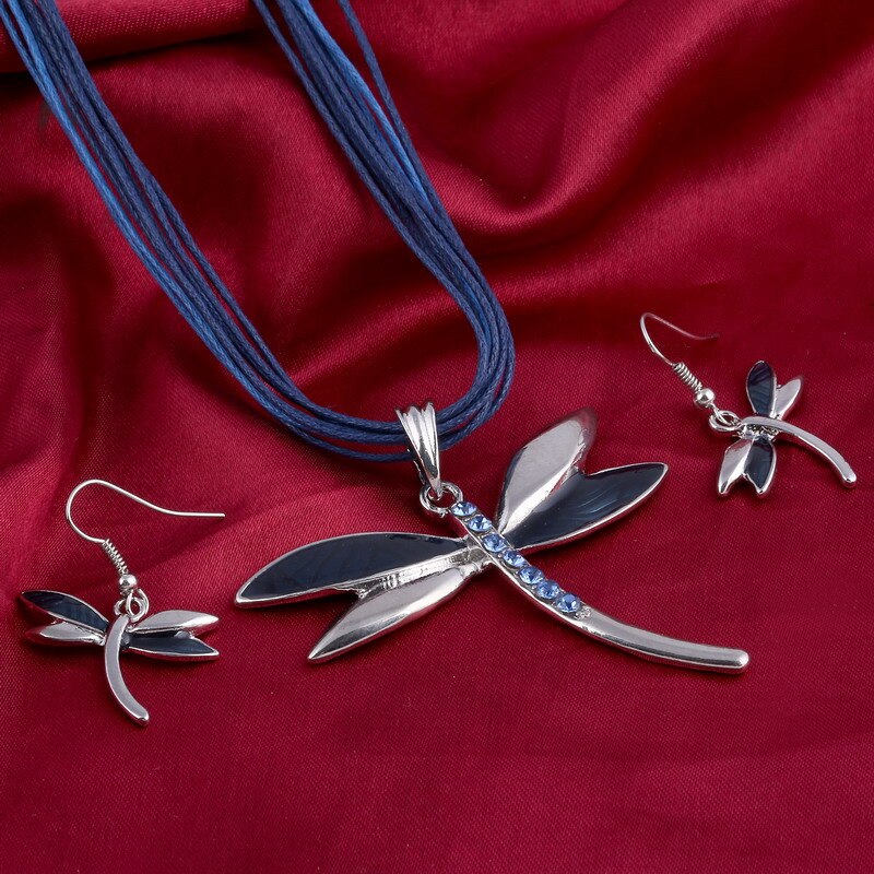 Enamel Dragonfly Pendant Necklace Earrings Sets