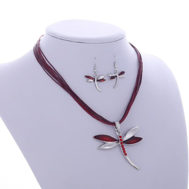 Enamel Dragonfly Pendant Necklace Earrings Sets