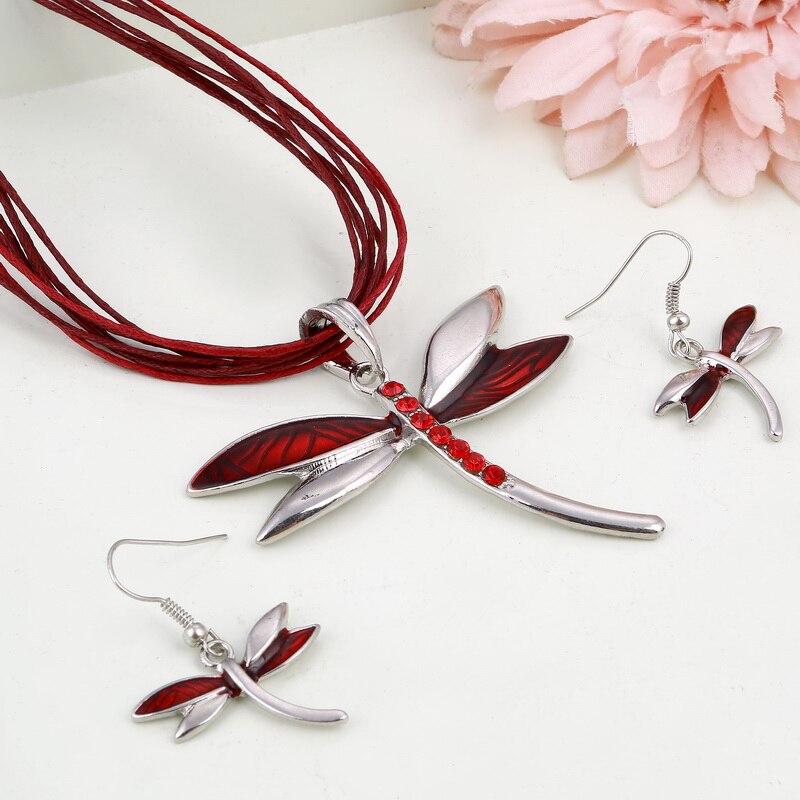 Enamel Dragonfly Pendant Necklace Earrings Sets