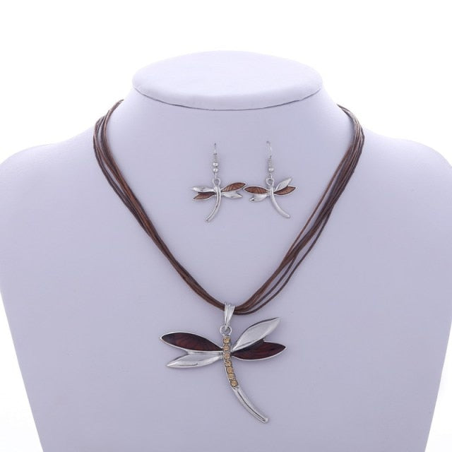 Enamel Dragonfly Pendant Necklace Earrings Sets