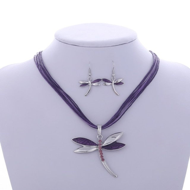 Enamel Dragonfly Pendant Necklace Earrings Sets