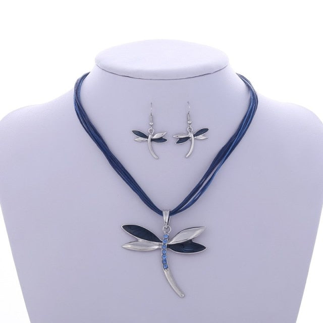 Enamel Dragonfly Pendant Necklace Earrings Sets