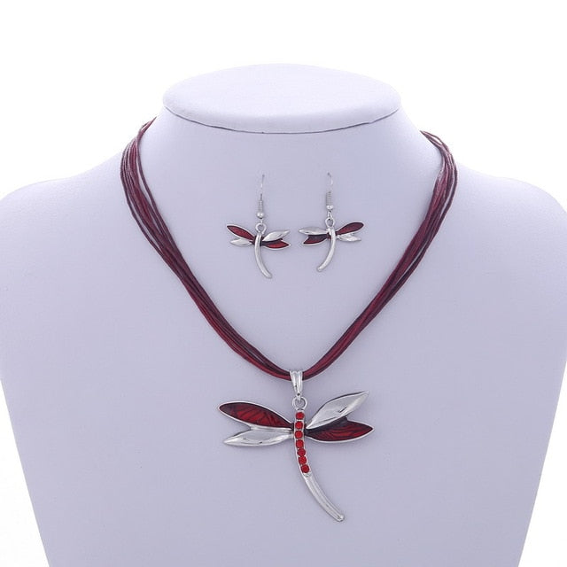 Enamel Dragonfly Pendant Necklace Earrings Sets