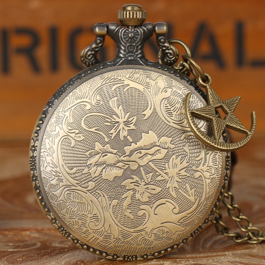Retro Bronze Turkey Flag Design Moon Star Circle Quartz Antique Pocket Watch