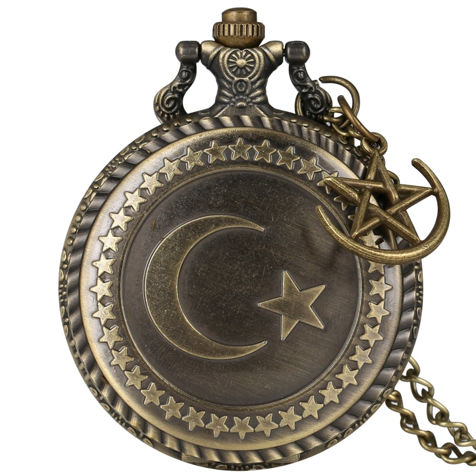 Retro Bronze Turkey Flag Design Moon Star Circle Quartz Antique Pocket Watch