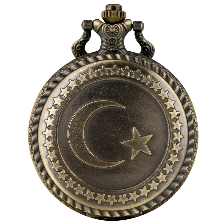 Retro Bronze Turkey Flag Design Moon Star Circle Quartz Antique Pocket Watch