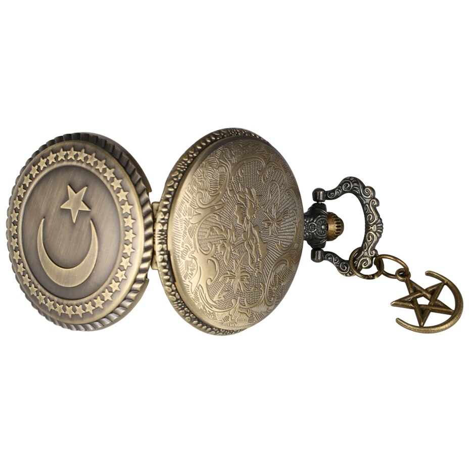 Retro Bronze Turkey Flag Design Moon Star Circle Quartz Antique Pocket Watch