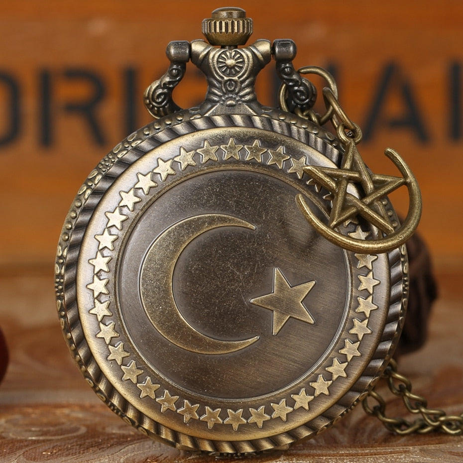 Retro Bronze Turkey Flag Design Moon Star Circle Quartz Antique Pocket Watch