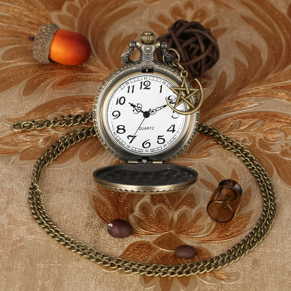 Retro Bronze Turkey Flag Design Moon Star Circle Quartz Antique Pocket Watch