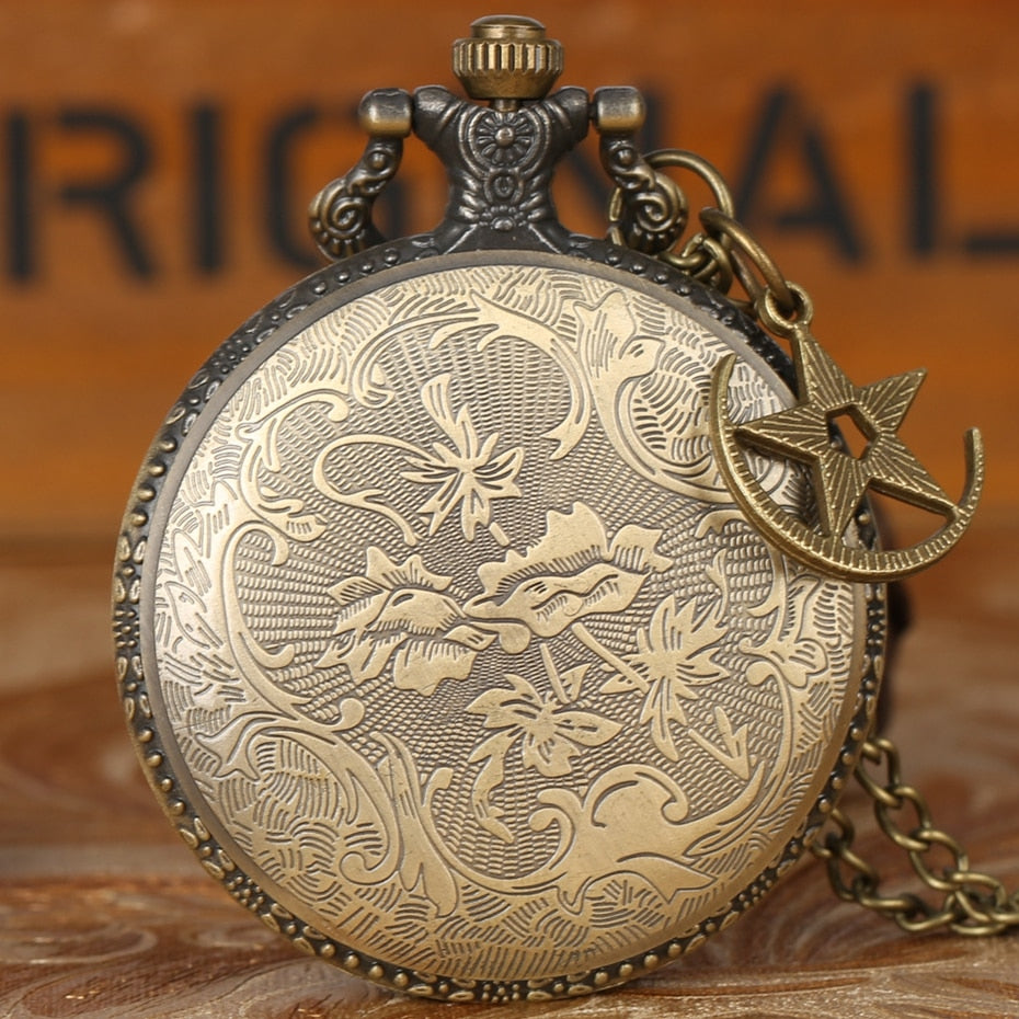 Retro Bronze Turkey Flag Design Moon Star Circle Quartz Antique Pocket Watch