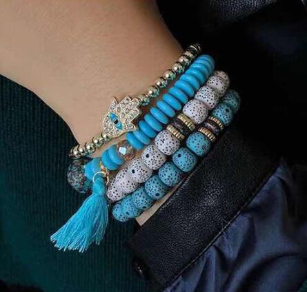 Conjunto de pulseras de cuentas naturales con colgante de mano y ojos estilo bohemio