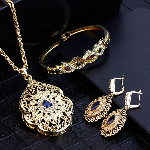 Gold Color Arabic Necklace Earring Cuff Bracelet Jewelry Sets