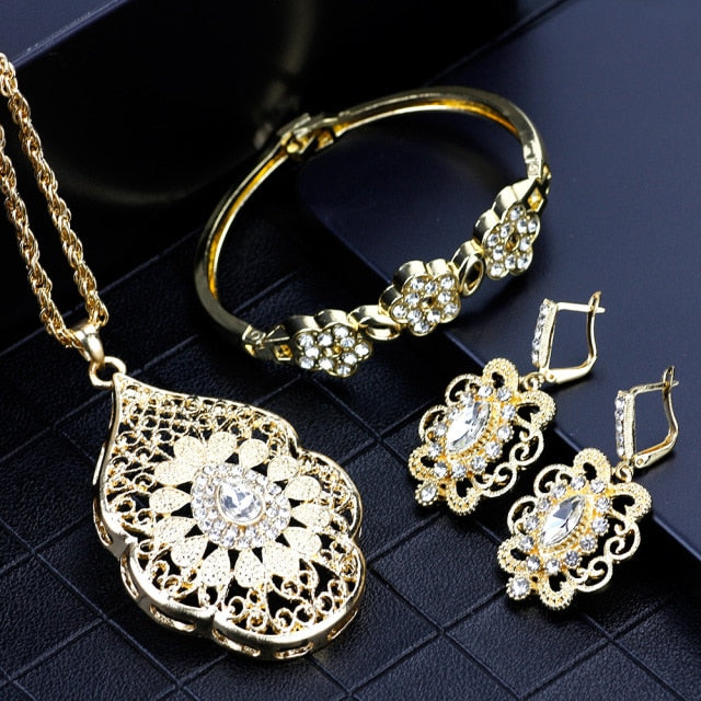 Gold Color Arabic Necklace Earring Cuff Bracelet Jewelry Sets
