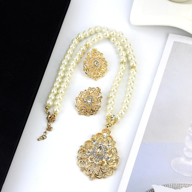 Gold Color Arabic Necklace Earring Cuff Bracelet Jewelry Sets