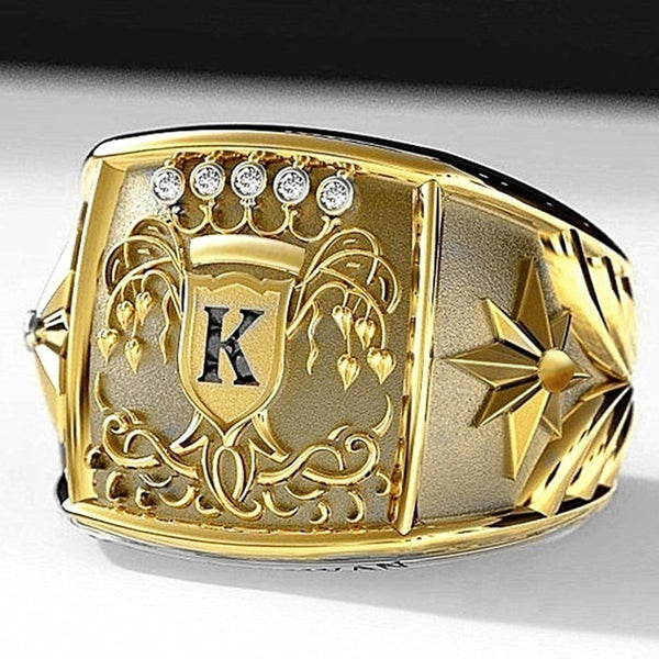 Luxury Gold Color Letter K Men Ring Trophy Pattern Dazzling CZ  Party Ring