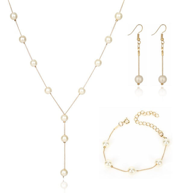 Simulated Pearl Double Layer Women Earrings Necklace Bracelet Sets