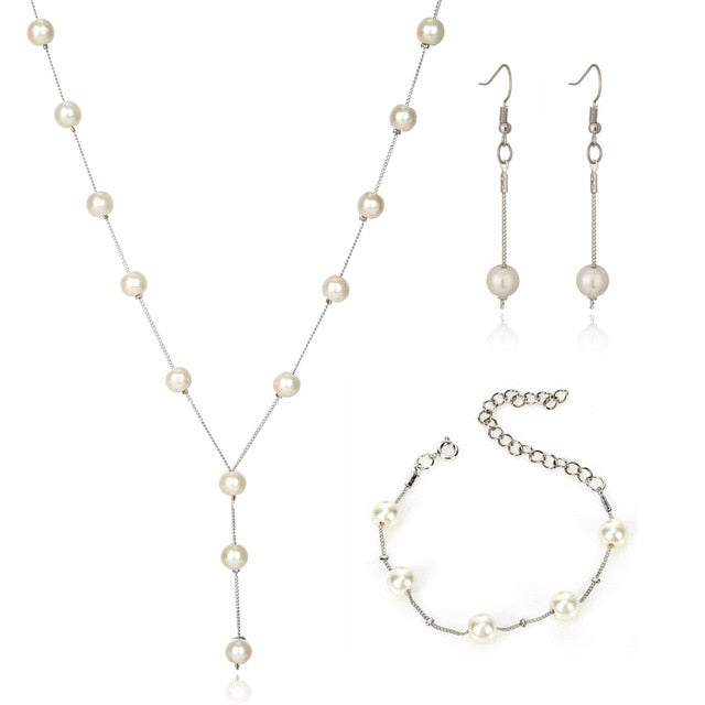 Simulated Pearl Double Layer Women Earrings Necklace Bracelet Sets