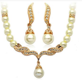 Simulated Pearl Double Layer Women Earrings Necklace Bracelet Sets