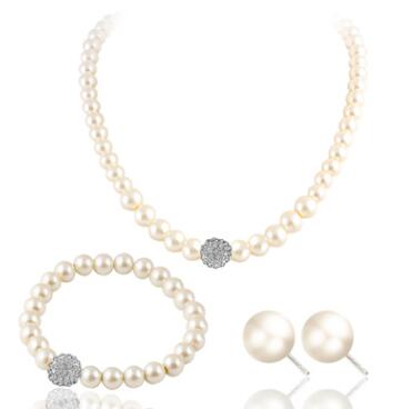 Simulated Pearl Double Layer Women Earrings Necklace Bracelet Sets