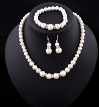 Simulated Pearl Double Layer Women Earrings Necklace Bracelet Sets