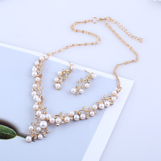 Simulated Pearl Double Layer Women Earrings Necklace Bracelet Sets