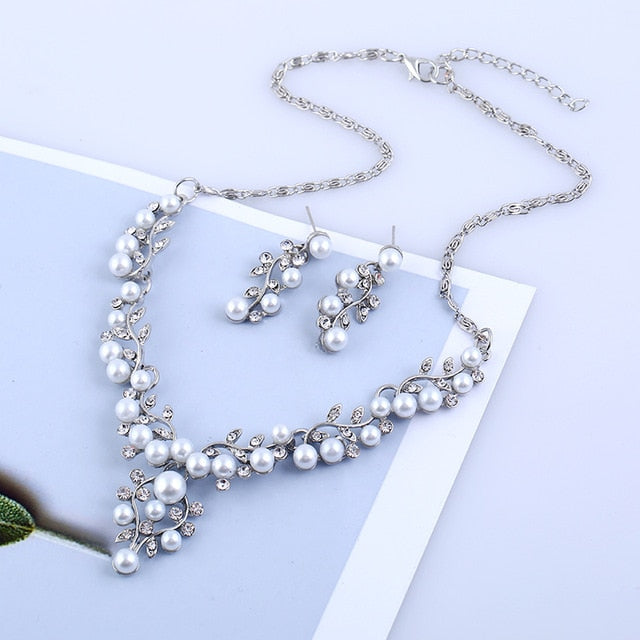 Simulated Pearl Double Layer Women Earrings Necklace Bracelet Sets