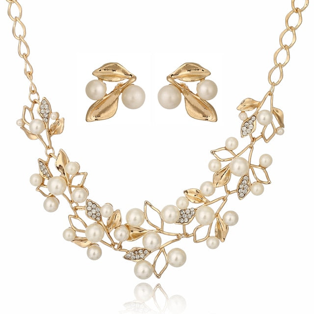 Simulated Pearl Double Layer Women Earrings Necklace Bracelet Sets