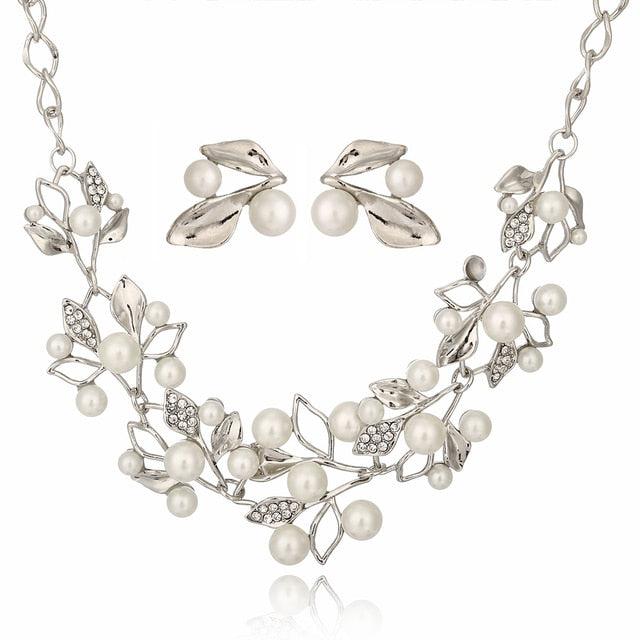 Simulated Pearl Double Layer Women Earrings Necklace Bracelet Sets