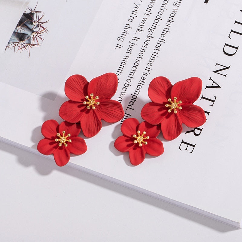 Korean Big Double Flower Drop Earrings
