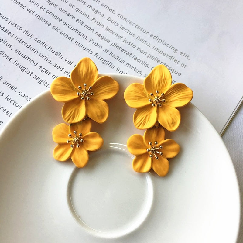Korean Big Double Flower Drop Earrings