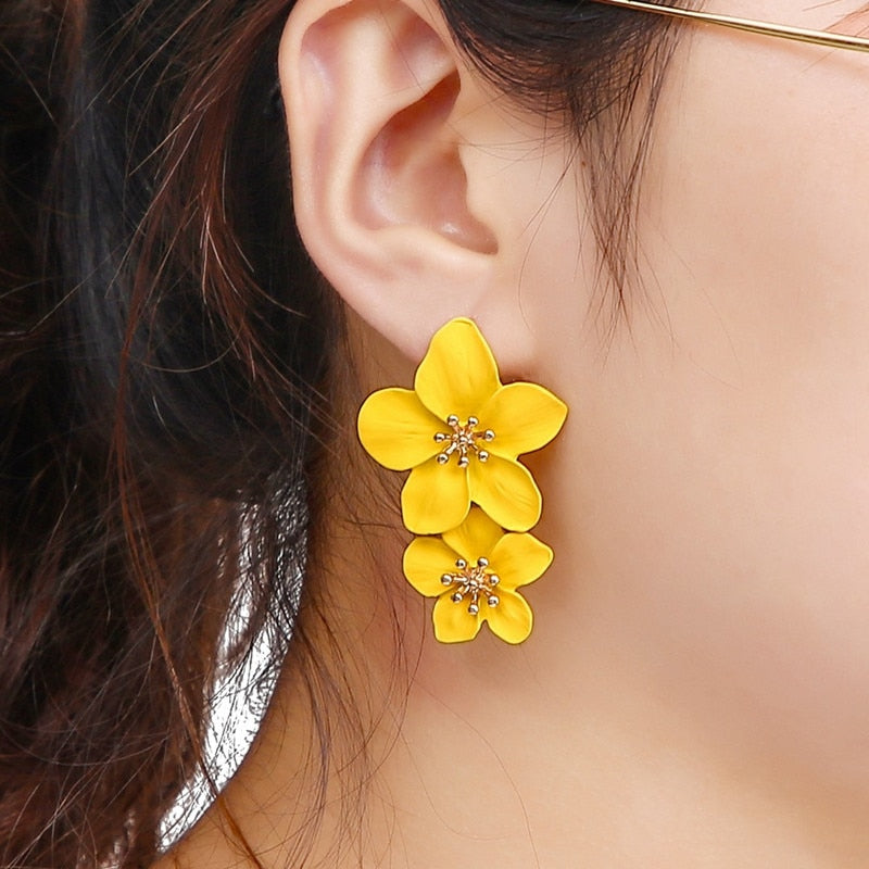 Korean Big Double Flower Drop Earrings