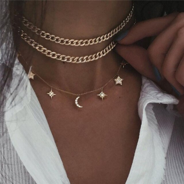 Fashion Gold Moon Star Coin Necklace