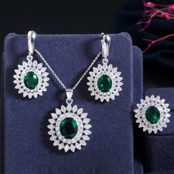 Lovely Large Round Flower Green Emerald Cubic Zirconia Pendant Necklace Earrings