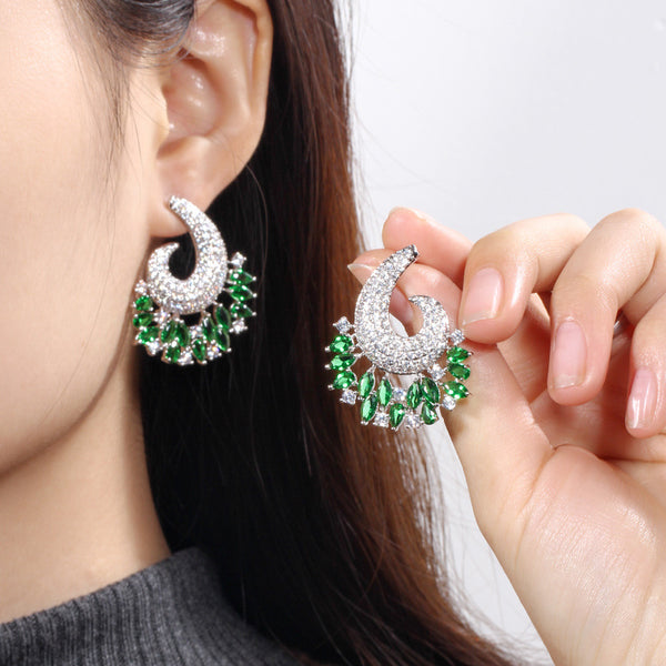Luxury   Big Flower Shape Blue Green White Cubic Zirconia Stud Earrings