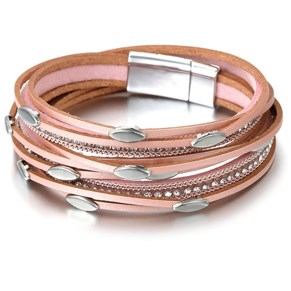 Pulseras de cuero rosa con dije de hoja para mujer