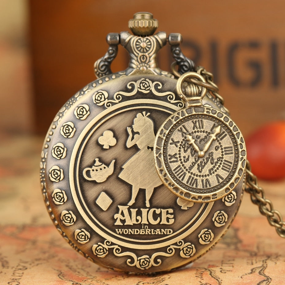 Retro Alice in Wonderland Theme Bronze Lovely Princess Quartz Pocket Watches