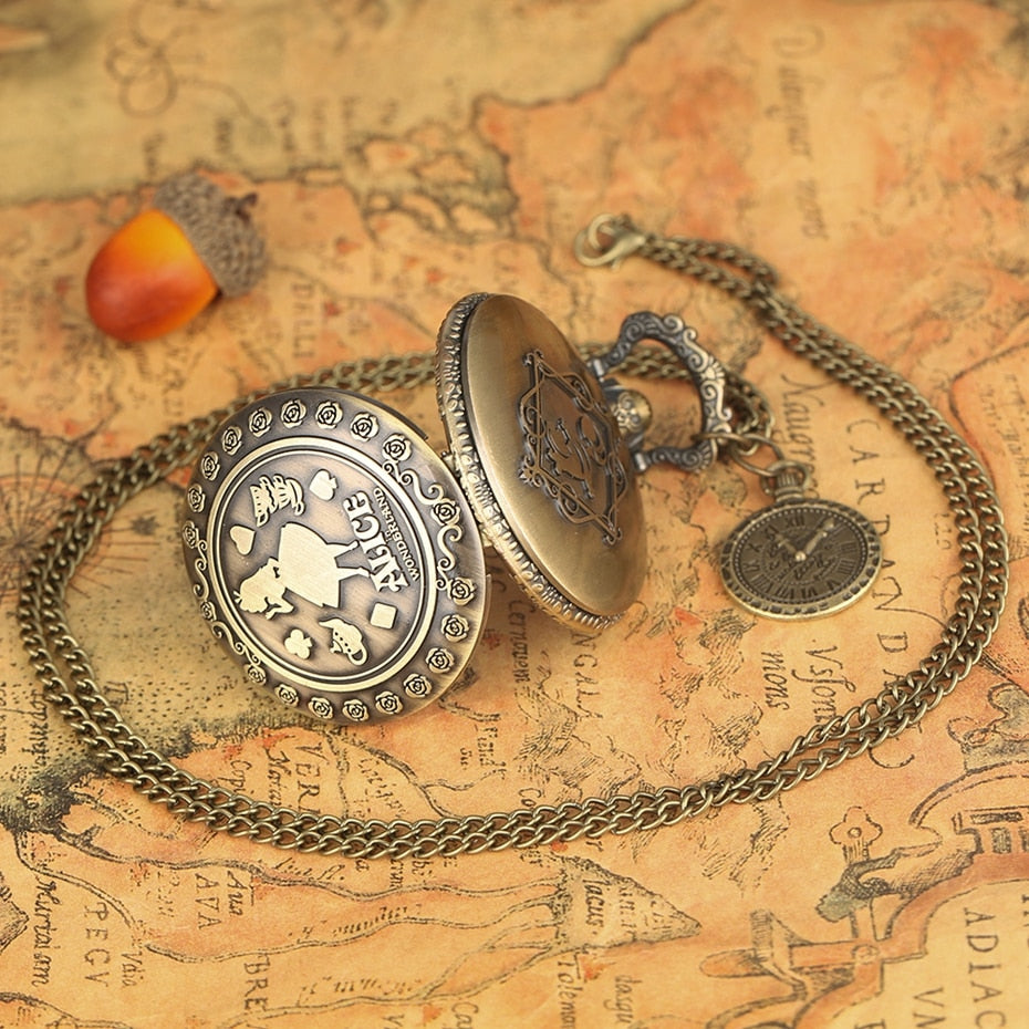 Retro Alice in Wonderland Theme Bronze Lovely Princess Quartz Pocket Watches