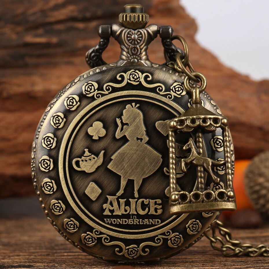 Retro Alice in Wonderland Theme Bronze Lovely Princess Quartz Pocket Watches