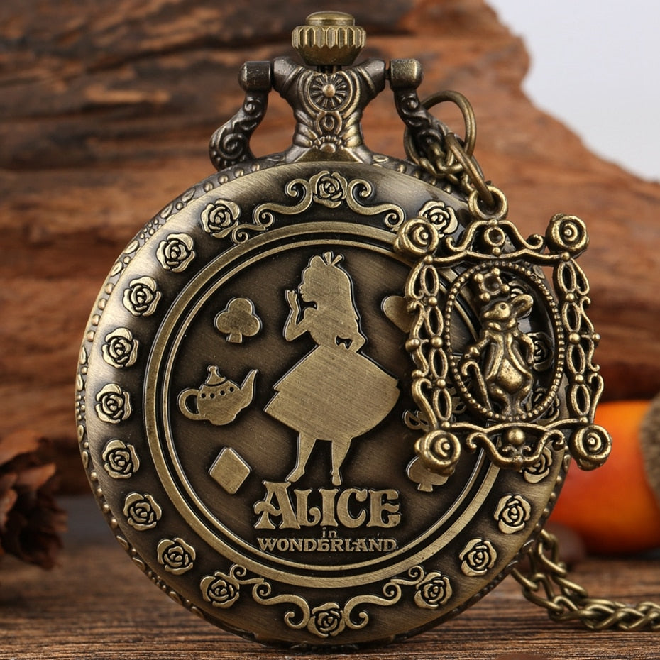 Retro Alice in Wonderland Theme Bronze Lovely Princess Quartz Pocket Watches