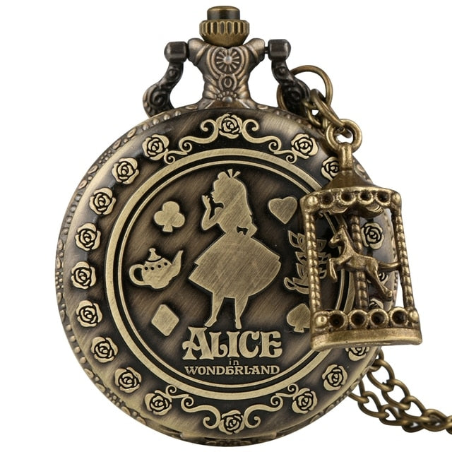 Retro Alice in Wonderland Theme Bronze Lovely Princess Quartz Pocket Watches