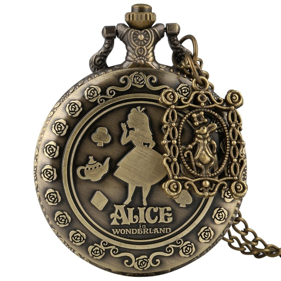 Retro Alice in Wonderland Theme Bronze Lovely Princess Quartz Pocket Watches
